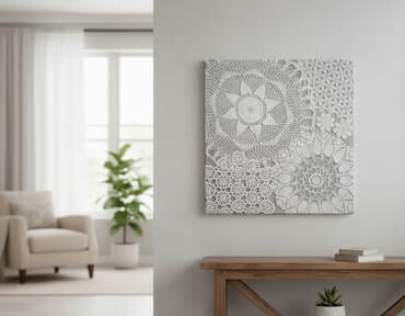 Dekorativ divar panosu – əl işi krujeva kompozisiyası. Olcu 70 x 70