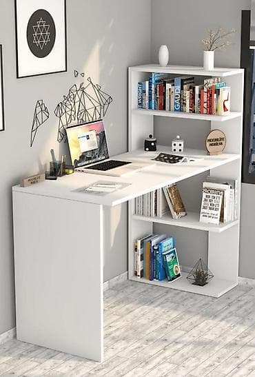 kilo ilə kabab: Ağ, 120x50 sm Məhsul: L formalı iş/oxu masası və kitab rəfi — 1