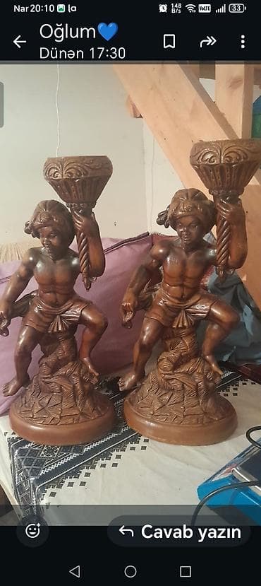 canavar sekili: Taxta heykəl cütü – şamdan/şılaqab forması - Material: ağac (əl oyma — 2