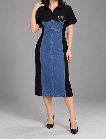 Qadın paltarı – denim effektli panel dizayn - Model: midi uzunluqda