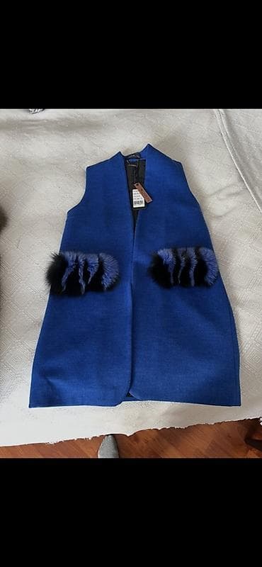 qadin alt geyim: Qadın uzun jilet – elektrik-mavi rəngdə - Model: yaxasız, düz kəsim — 1