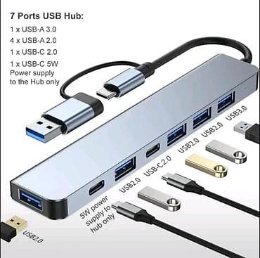komputer lombard: 7 Portlu USB Hub – USB-C + USB-A 2‑in‑1 Xüsusiyyətlər: - Ümumi 7 port — 1