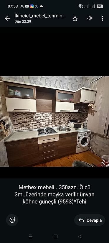 Metbex mebeli. 350azn. Ölcü 3m. üzerinde moyka verilir ünvan köhne