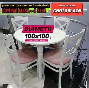 masa taxta: Dairəvi yemək masası + 4 ədəd stul dəsti - Ölçü: diametr 100×100 - — 1