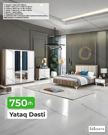 Yataq dəsti – modern dizayn, ağ və ağac tonlarında Tərkib və ölçülər — 1