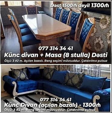 masa ofis: Künc divan + Masa (8 stulla) dəsti - Ölçü: 3×2 m - Künc divan — 1