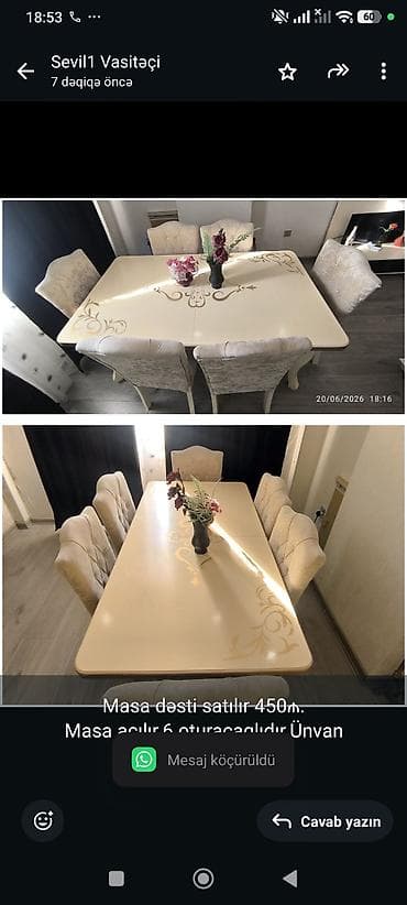 Masa dəsti satılır 450₼. Masa açılır.6 oturacaqlıdır.Ünvan — 1