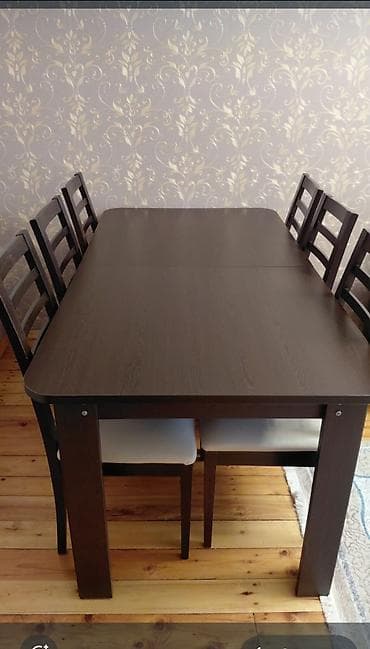 masa və otracaqlar: Yemək otağı dəsti – 1 masa + 6 stul - Rəng: tünd qəhvəyi masa, ağ — 1