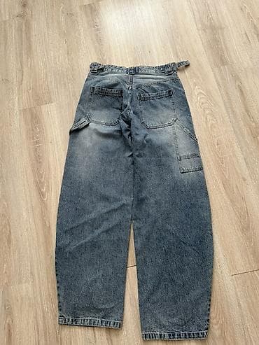 Geniş kəsimli denim şalvar - Rəng: boz-mavi yuyulmuş (fade effektli) — 2