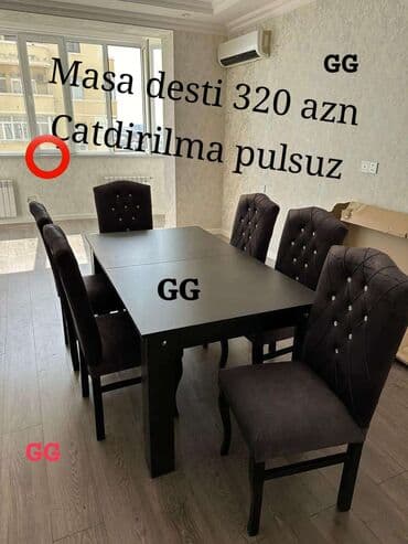 Qonaq otağı üçün, Yeni, Dördbucaq masa, 6 stul