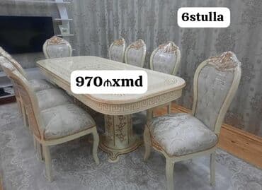 mərmər masa: Qonaq otağı üçün, Yeni, Açılmayan, Oval masa, 6 stul — 6