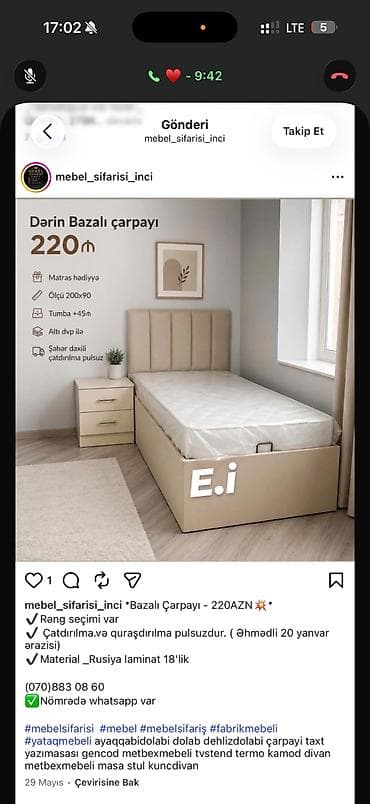 220: Dərin bazalı tək çarpayı – 220 AZN - Ölçü: 200x90 sm - Matras hədiyyə — 1