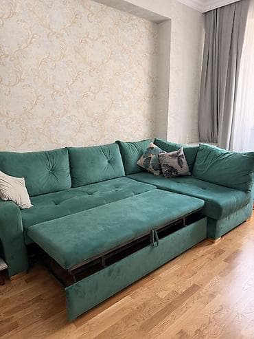lalafo yazı masası: Yaşıl məxmər dəst – qonaq otağı üçün masa-stul və künc divan - Yemək — 5