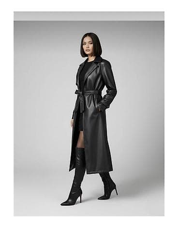 Baş geyimləri: Qadınlar üçün uzun dəri trençkot - Rəng: qara - Dizayn: klassik trenç — 1