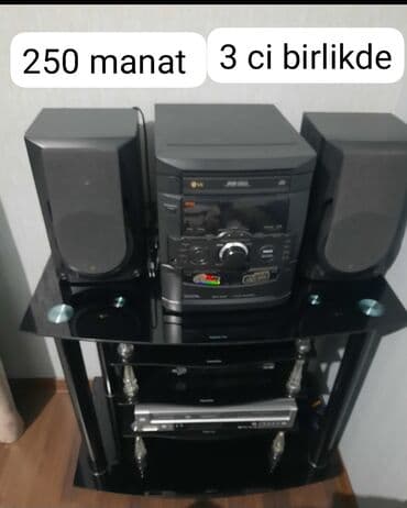 Mikrofonlar: LG mini musiqi sistemi + akustik kolonlar və şüşə/metal TV-audio — 5