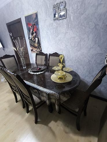 merbex masa: Qonaq otağı üçün, İşlənmiş, Açılan, Oval masa, 6 stul — 2