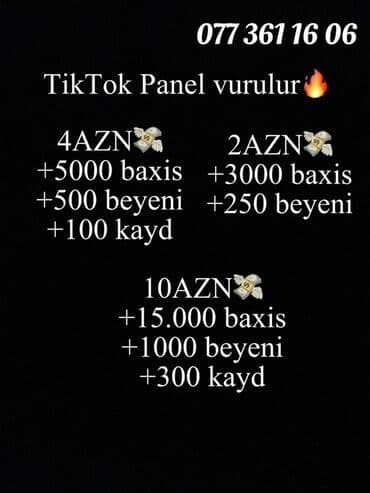 TikTok panel xidməti Paketlər: - 2 AZN: +3000 baxış, +250 bəyəni - 4 lalafo.az -da TikTok panel xidməti Paketlər: - 2 AZN: +3000 baxış, +250 bəyəni - 4
