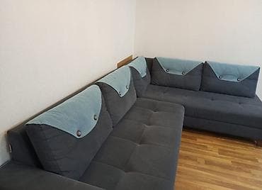 kuxna ucun stol stullar: Dəsti - Künc divan: Geniş L-formalı, tünd boz rəngli yumşaq parça — 2