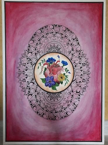 qelem: Əl işi rəsm əsəri – “Ürək və Çiçəklər” mandala kompozisiyası. Ölçü — 1
