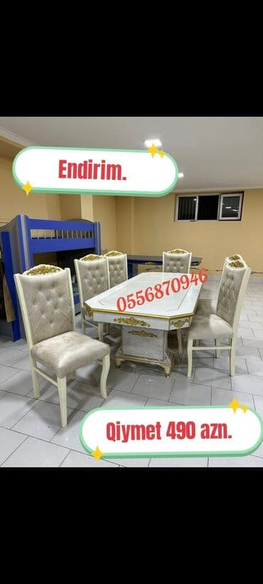 ders masaları: Qonaq otağı üçün, Yeni, Açılmayan, Dördbucaq masa, 6 stul — 2