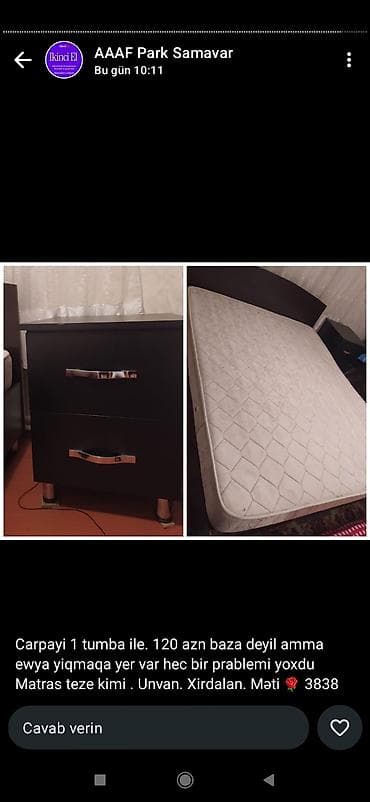 Çarpayı dəsti – 1 ədəd tumba ilə birlikdə. Bazalı deyil, amma ev