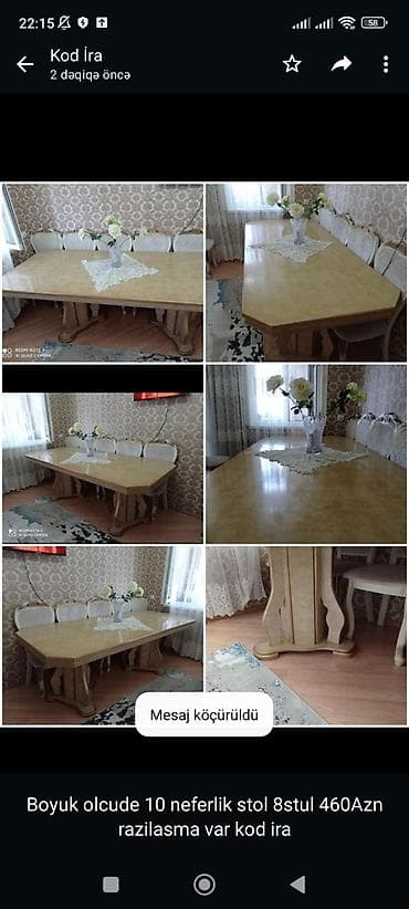 Boyuk olcude 10 neferlik stol 8stul 460Azn razilasma var kod ira