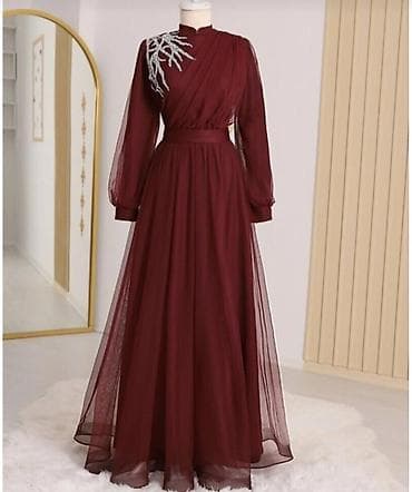 Zərif axşam/ziyafət donu – tünd bordo rəngdə, uzun və tam örtülü