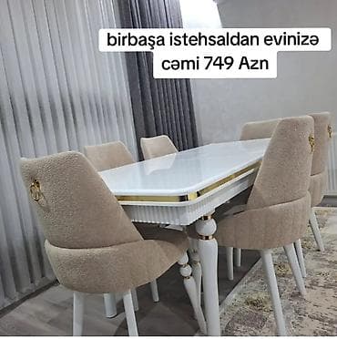 Ağ rəngli, zərif qızılı detallar ilə işlənmiş yemək masası və 6 ədəd