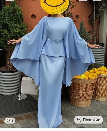 vecer: Zərif açıq mavi rəngdə uzun don. Model: kaftan siluetli, geniş kəpənək — 1