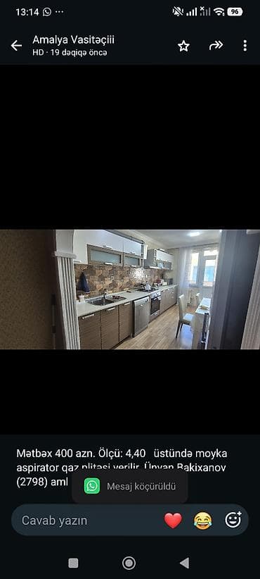 Mətbəx 400 azn. Ölçü: 4,40 üstündə moyka aspirator qaz plitəsi