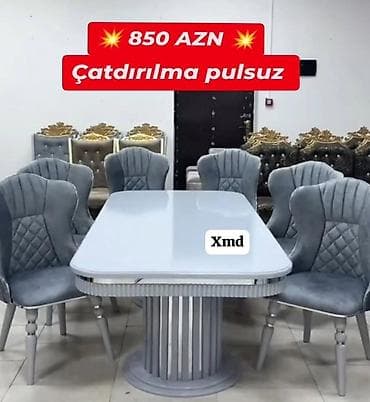 stull: Yemək otağı dəsti – masa + 6 stul - Rəng: açıq boz (gümüşü tonlarda) — 1
