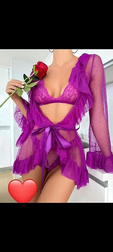 Kod:ş.w-156977 Bənövşəyi rəngli üçlü lingerie dəsti: - Şəffaf, yüngül