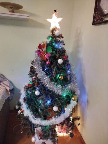 yolka sekilleri cekmek: Yeni il ağacı – tam bəzədilmiş komplekt - Hündürlük: 175 - Üst bəzək — 1
