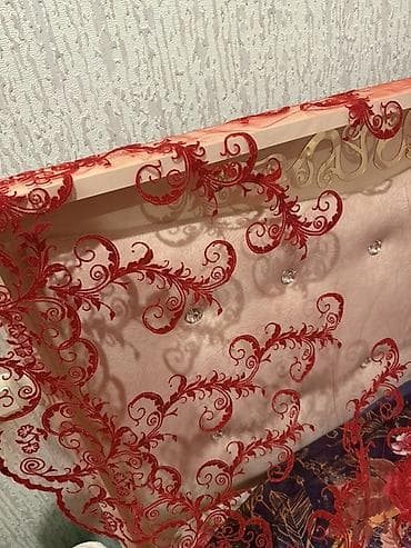 en ucuz perde: Qırmızı naxışlı tül xına yaylığı - Material: incə, şəffaf tül — 1