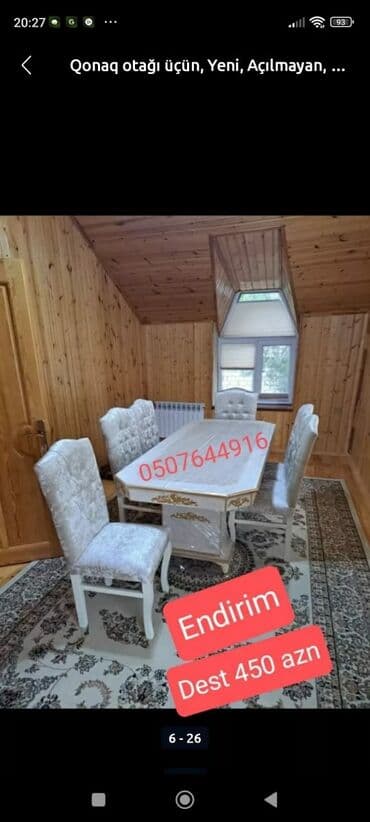 divan destleri: Qonaq otağı üçün, Yeni, Açılan, Dördbucaq masa, 6 stul — 3