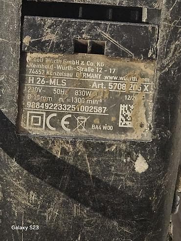 Digər alətlər: Würth H 26-MLS perforator (Art. 5708 205 X) - Güc: 830 W - Şəbəkə — 2