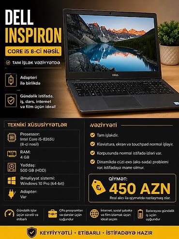 notebook core 2: Dell Inspiron | Core i5 8-ci Nəsil | 4GB RAM | 500GB | Adapterli • — 1