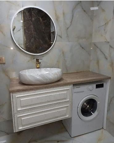 Vanna otağı üçün dəst – şkaflı lavabo masası, dairəvi güzgü və