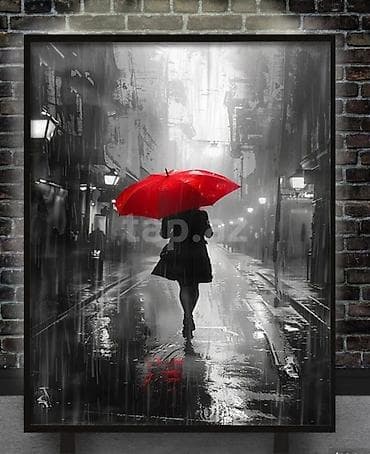 mini led: Rəsm tablo – “Qırmızı çətirli qadın” - Ölçü: 40x50 sm - Texnika — 1