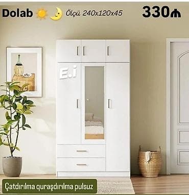 3 qapılı, Güzgülü, Ağ, Açılan, Düz dolab