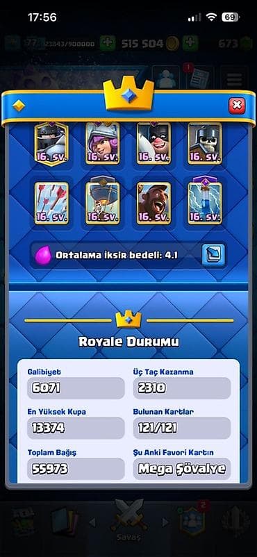 Clash Royale oyun hesabı - Kral səviyyəsi: 77 - Qızıl: 515 504 - — 6