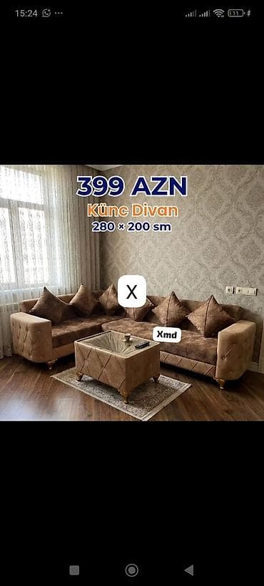 Ev üçün mebel: Künc divan dəsti - Ölçü: 280 × 200 sm - Rəng: qəhvəyi/konyaq tonları — 1