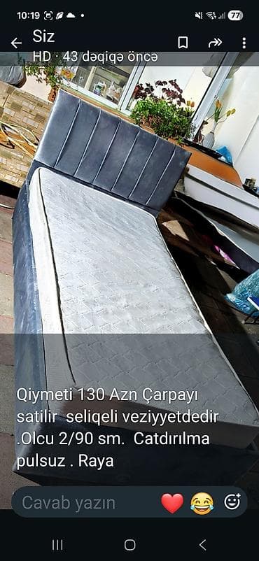 Çarpayılar: Çarpayı – başlıqla birlikdə - Ölçü: 90×200 sm - Material: yumşaq — 1