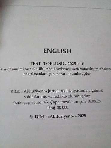 43: Məhsul: “English – Test Toplusu 2025” (9 illik) Təsvir: - Nəşriyyat — 2