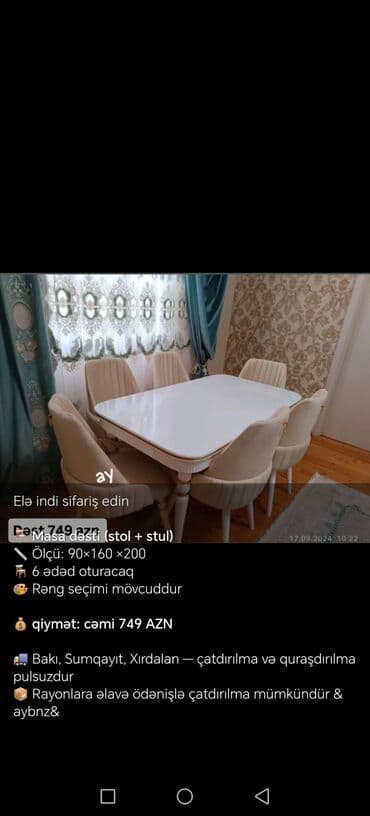 Masa və oturacaq dəstləri: Qonaq otağı üçün, Yeni, Açılmayan, Dördbucaq masa, 6 stul — 3