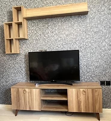 TV stendi və divar rəfi dəsti - Material: ağac teksturalı laminat/MDF