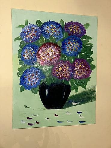 Əl işi tablo – “Güllər vazada” - Texnika: akril boya, palitra bıçağı