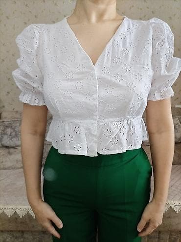 tek qas uzukler: Ağ, qısa kəsimli pambıq bluz - Parça: nəfəs alan brodeli pambıq, incə — 2