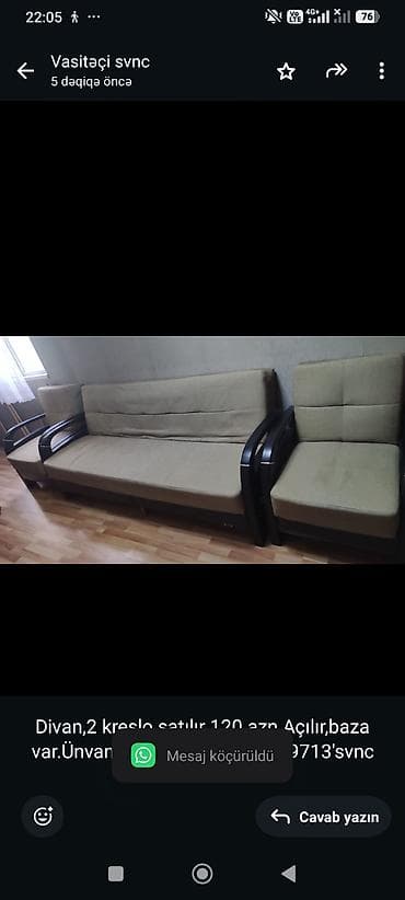 Divan,2 kreslo satılır 120 azn.Açılır,baza var.Ünvan:Nizami mt