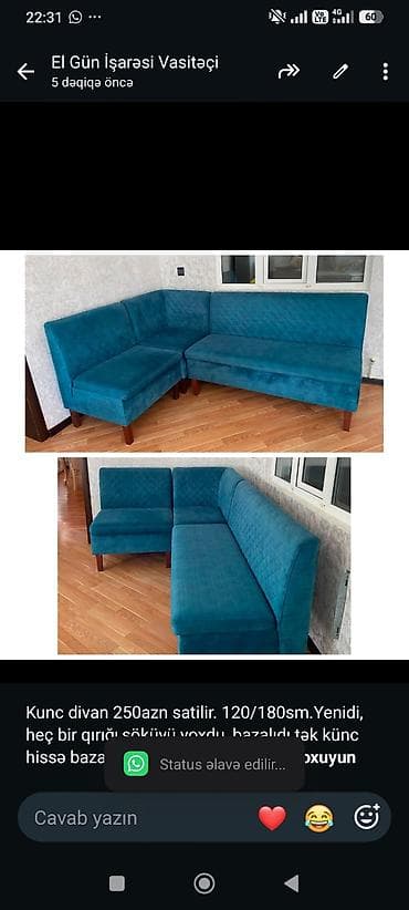 divan satisi: Kunc divan 250azn satilir. 120/180sm.Yenidi, heç bir qırığı,söküyü — 1